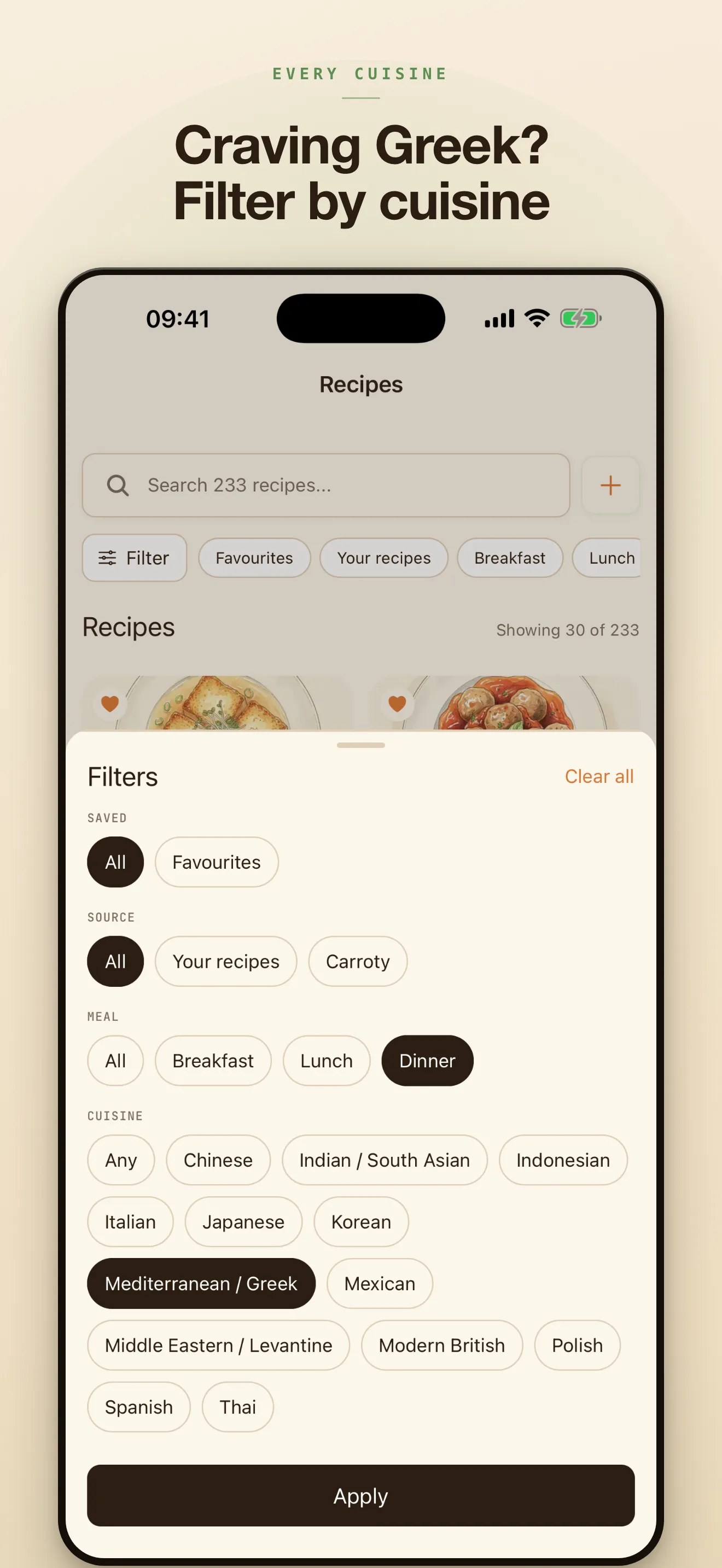 Filter recipes by cuisine