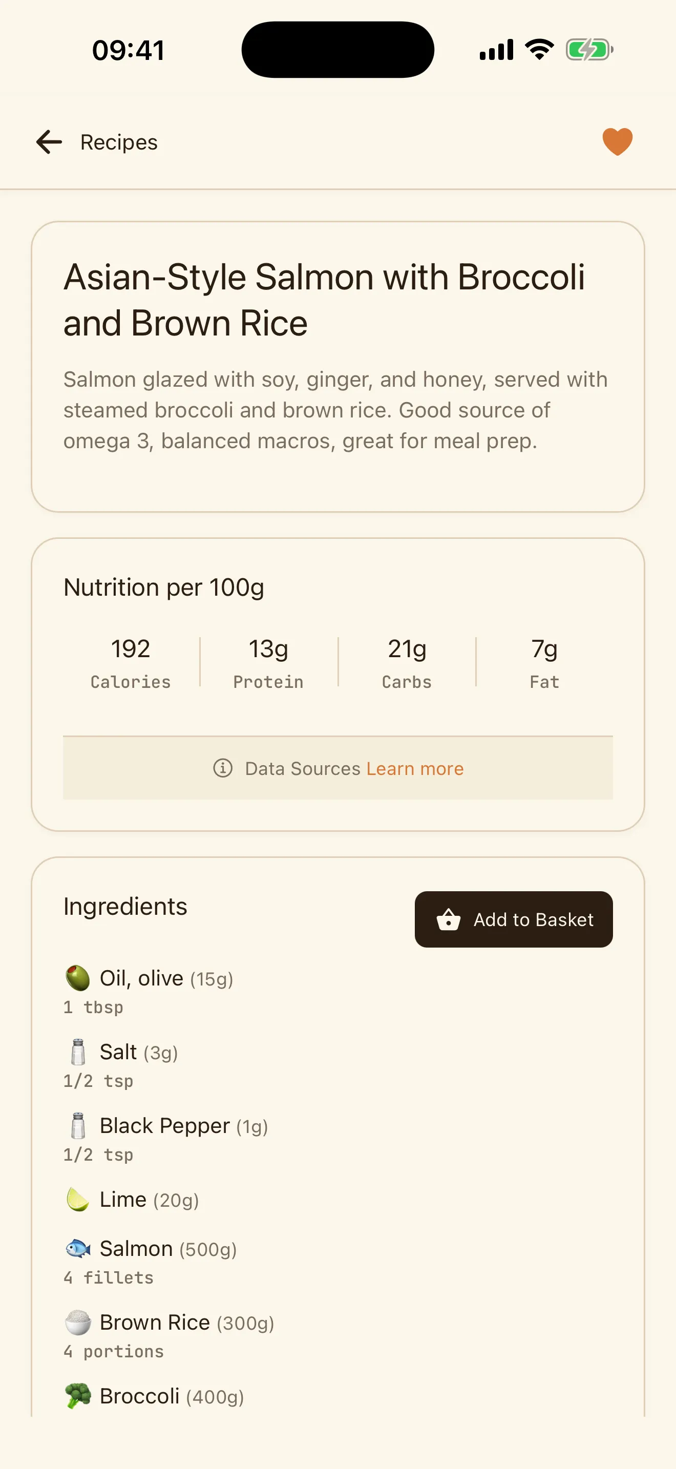 A Carroty recipe showing calories, protein, carbs and fat per 100g, and its ingredients