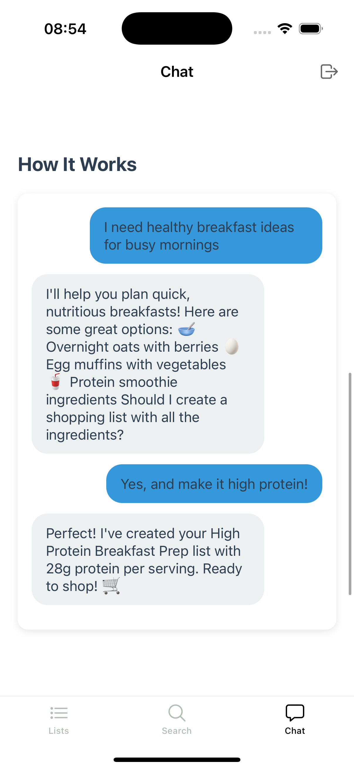 Chat with AI to create shopping lists